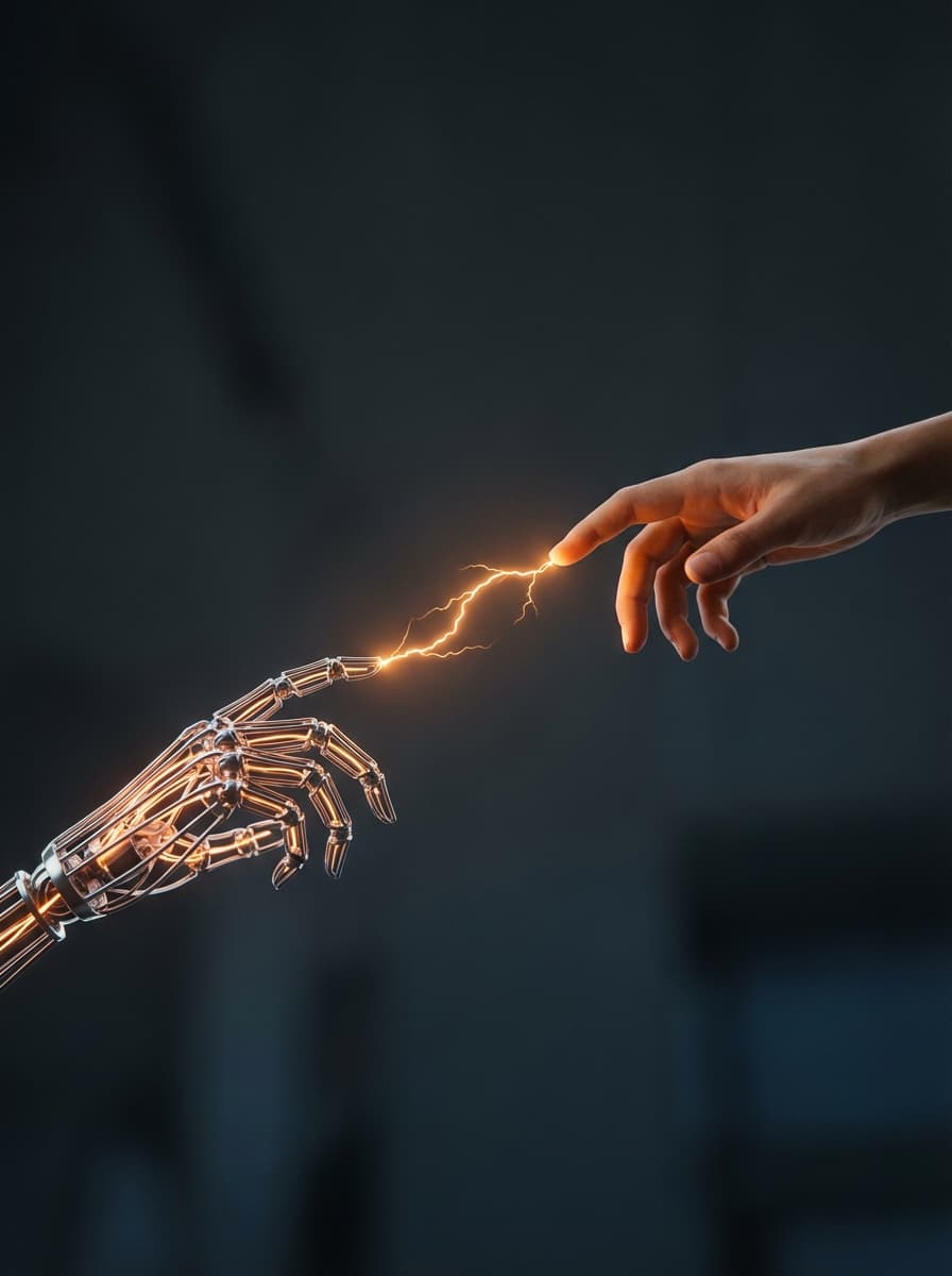 Robot hand and human hand reaching toward each other — AI meets human creativity